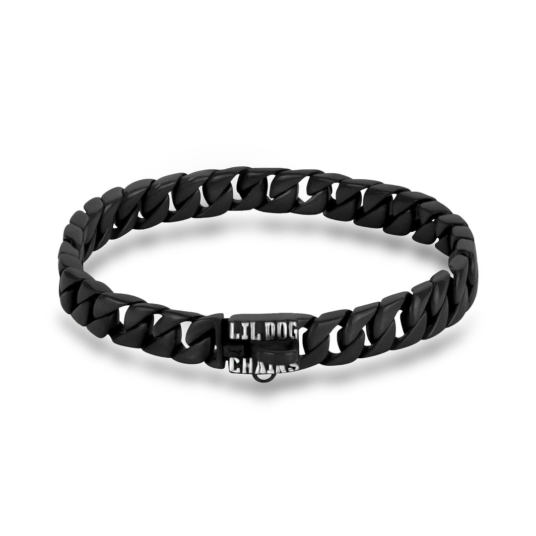 The Black Widow dog collar featuring sleek black 0.5 inch Cuban links for XSmall dogs 7-14 inch neck - BIG DOG CHAINS® mysterious elegance collection