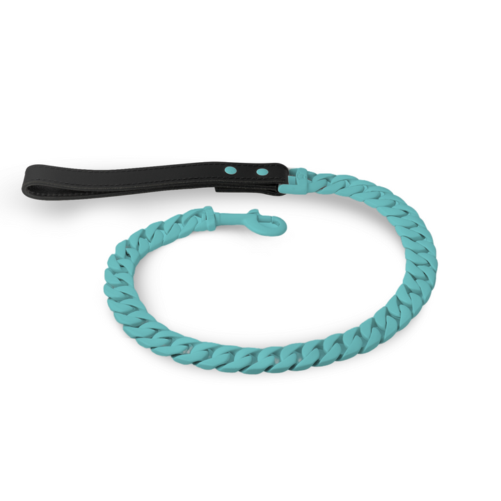 Monaco Dog Leash 1 Inch Blue Turquoise Cuban Link Premium Leather Handle - BIG DOG CHAINS®
