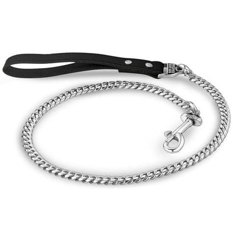 Baxter Leash 44 Inch Polished Stainless Steel Cuban Link Welded Links Premium Leather Handle for Medium to Large Dogs - BIG DOG CHAINS®