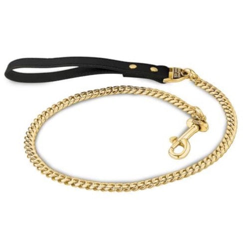 Miami Leash 44 Inch Gold Cuban Link Welded Links Premium Leather Handle for Medium to Large Dogs - BIG DOG CHAINS®