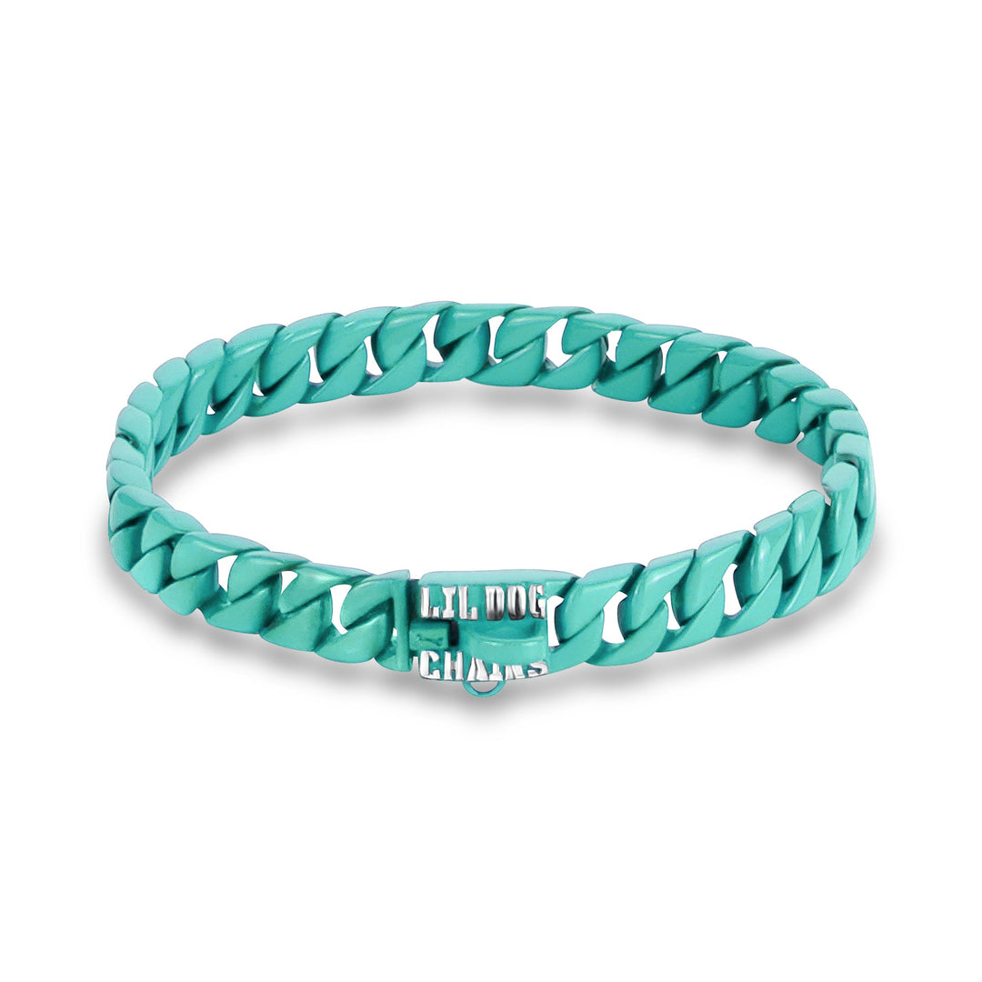 Little Monaco dog collar featuring elegant turquoise 0.5 inch Cuban links for XSmall dogs 7-14 inch neck - BIG DOG CHAINS® Monaco-inspired luxury collection