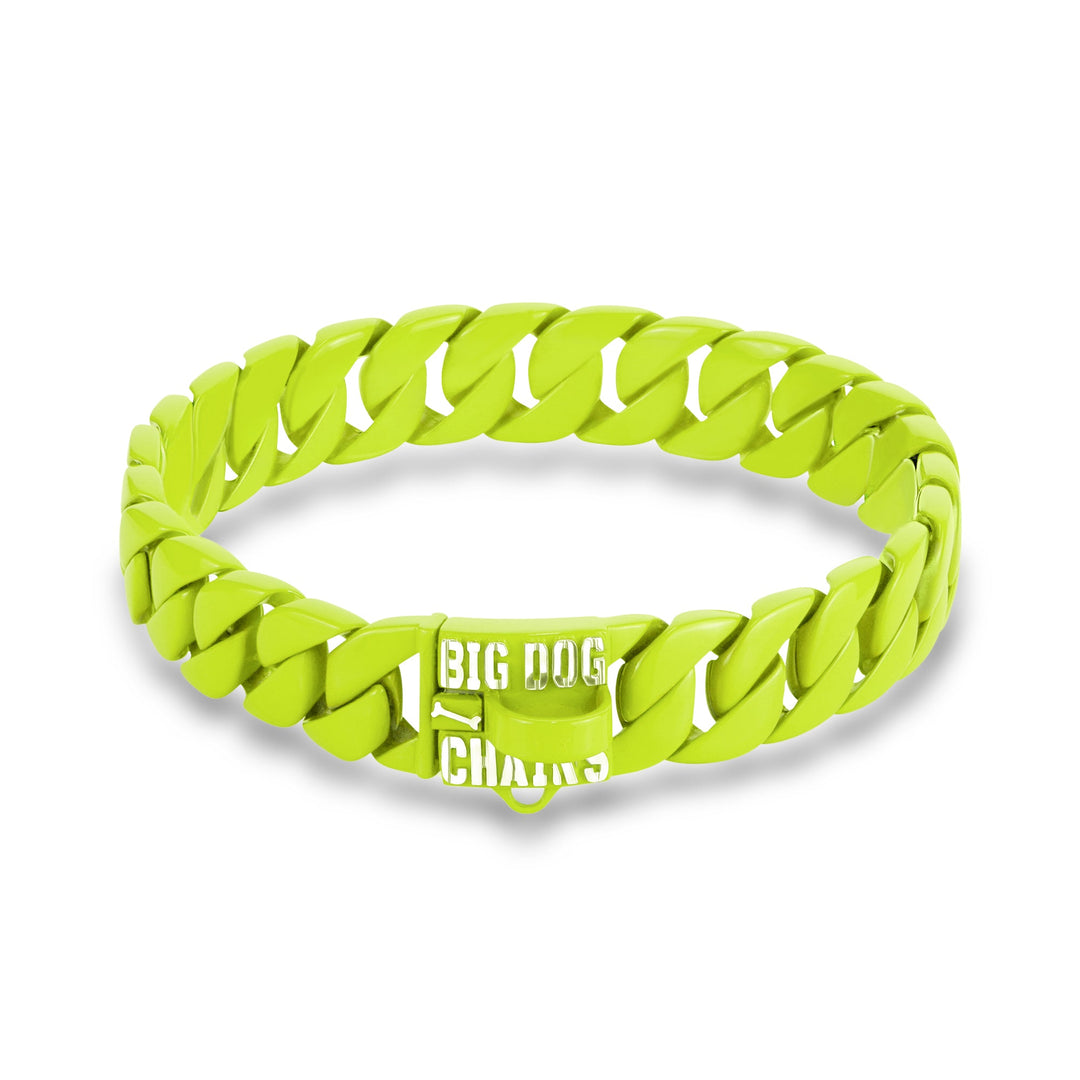 THE FLACA dog collar featuring neon yellow fluorescent finish with XL Cuban links for dogs 22-35 inch neck - BIG DOG CHAINS® Colors Collection