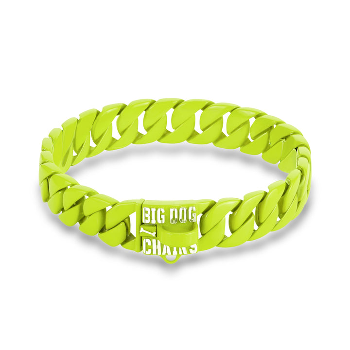 THE FLACA dog collar featuring neon yellow fluorescent finish with XL Cuban links for dogs 22-35 inch neck - BIG DOG CHAINS® Colors Collection