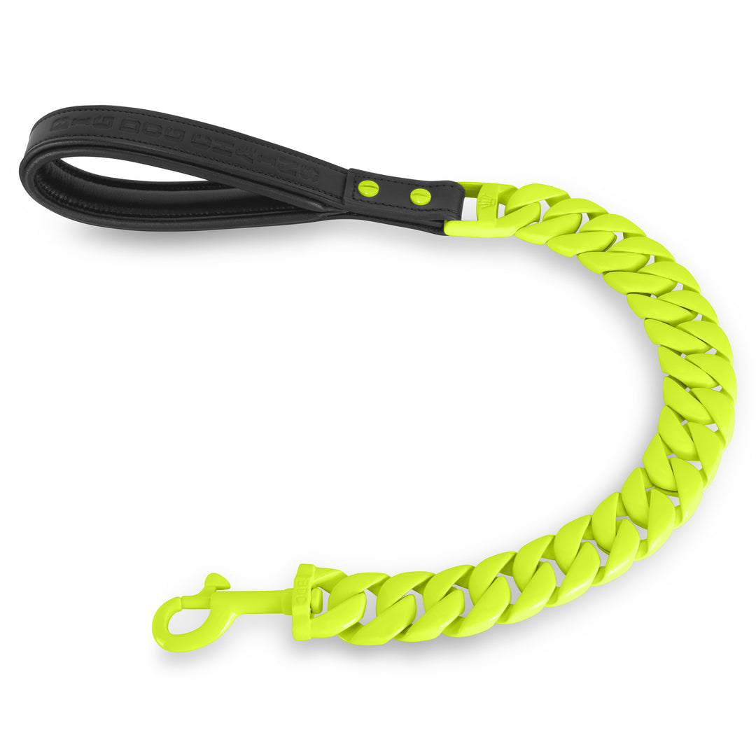 THE FLACA dog leash featuring neon yellow finish with 1.25 inch Cuban links and premium leather handle for large breeds - BIG DOG CHAINS® XL accessories