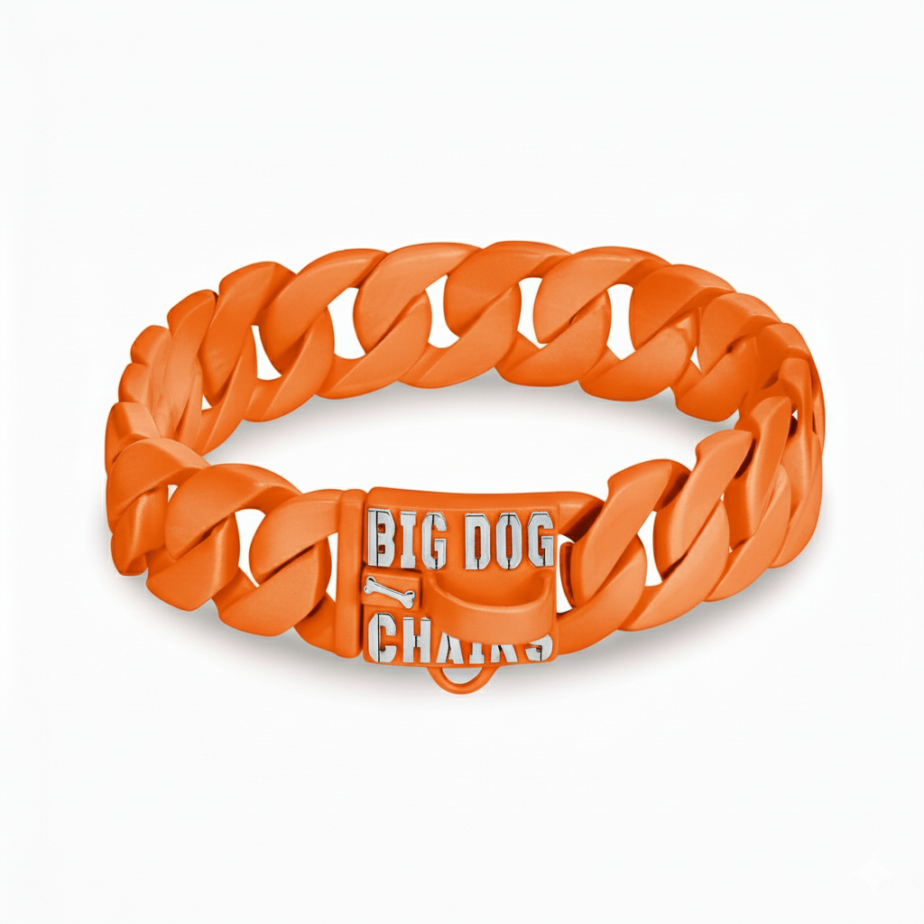 THE INFERNO ORANGE HIGH QUALITY RELIABLE STRONG COLLAR XL CUSTOM DOG COLLAR CUBAN LINK LUXURY PIT BULL DOBERMAN ROTTWEILLER MASTIFF CANI CORSO PRESR CANARIO ENGLISH BULLDOG AMERICAN BULLDOG DOG BIG DOG CHAINS