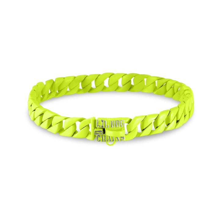 Neon Nights dog collar featuring vibrant neon yellow finish with Cuban links for XSmall dogs 7-14 inch neck - BIG DOG CHAINS® Colors Collection