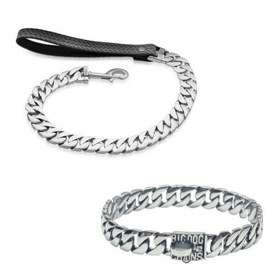 THE CAESAR Cuban Link Dog Collar and Leash Set Custom Stainless Steel Chain Collar and Lead for Large and Strong Dogs - BIG DOG CHAINS