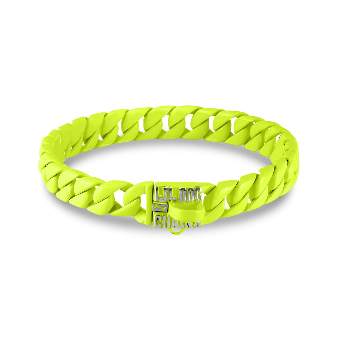 THE WYNWOOD dog collar featuring vibrant yellow finish with Cuban links for small dogs 9-18 inch neck - BIG DOG CHAINS® Colors Collection